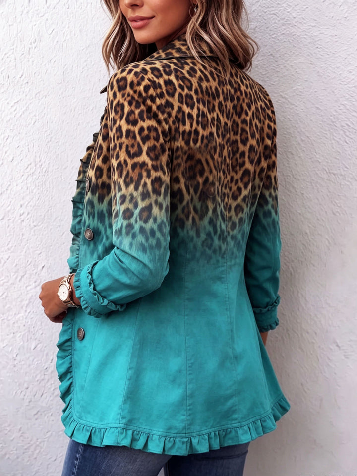 Geneviève | Blazer Léopard Dégradé Turquoise à Volants