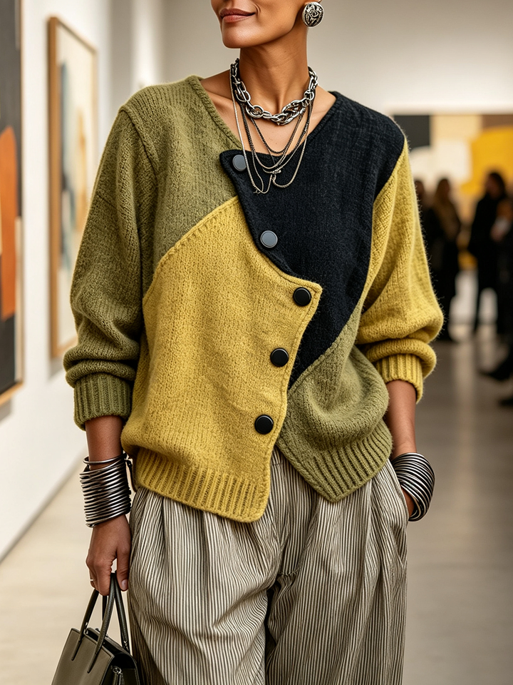 Freya | Cardigan asymétrique en maille à boutons et à blocs de couleur