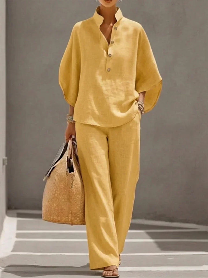 Sophie | Ensemble effet lin avec manches chauve-souris et pantalon large