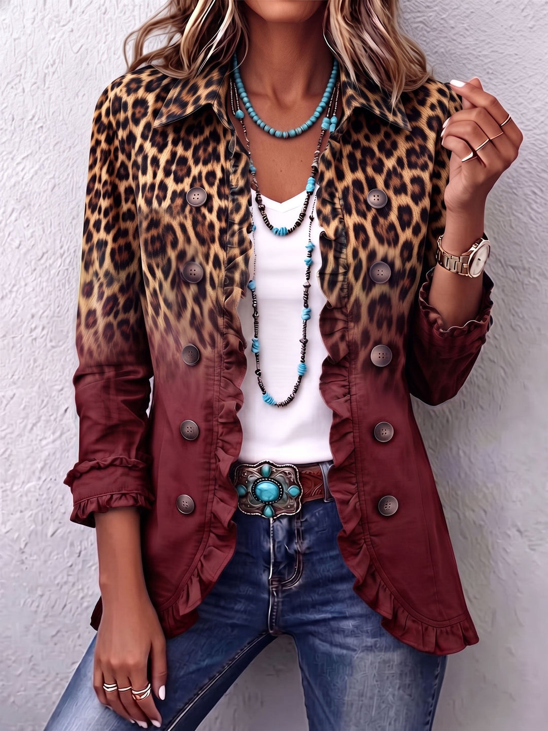 Geneviève | Blazer Léopard Dégradé Turquoise à Volants