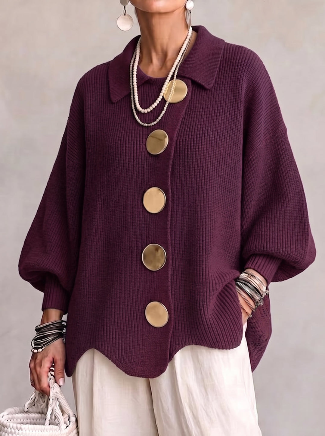 Isadora | Cardigan oversize à col avec gros boutons métalliques