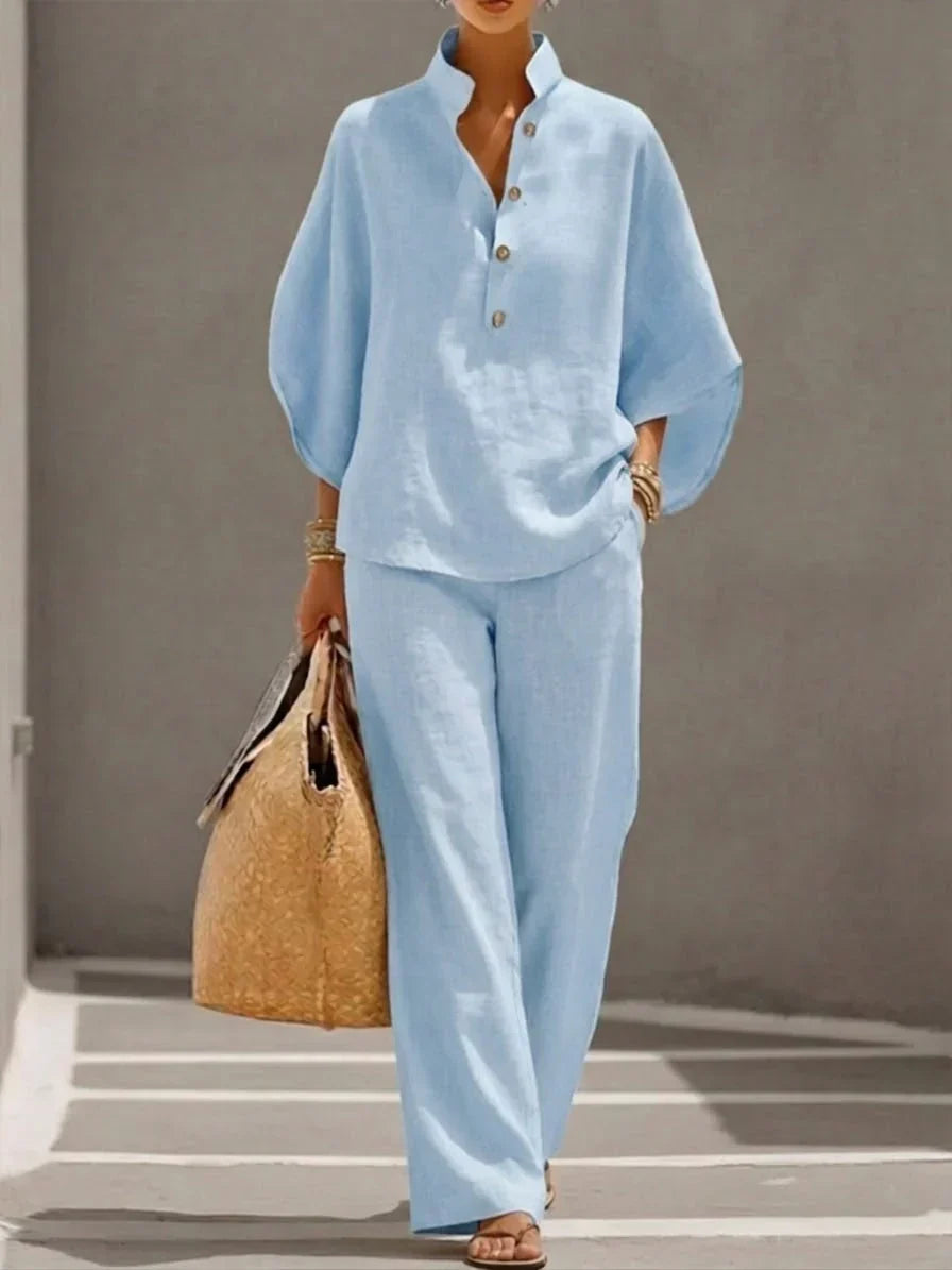 Sophie | Ensemble effet lin avec manches chauve-souris et pantalon large