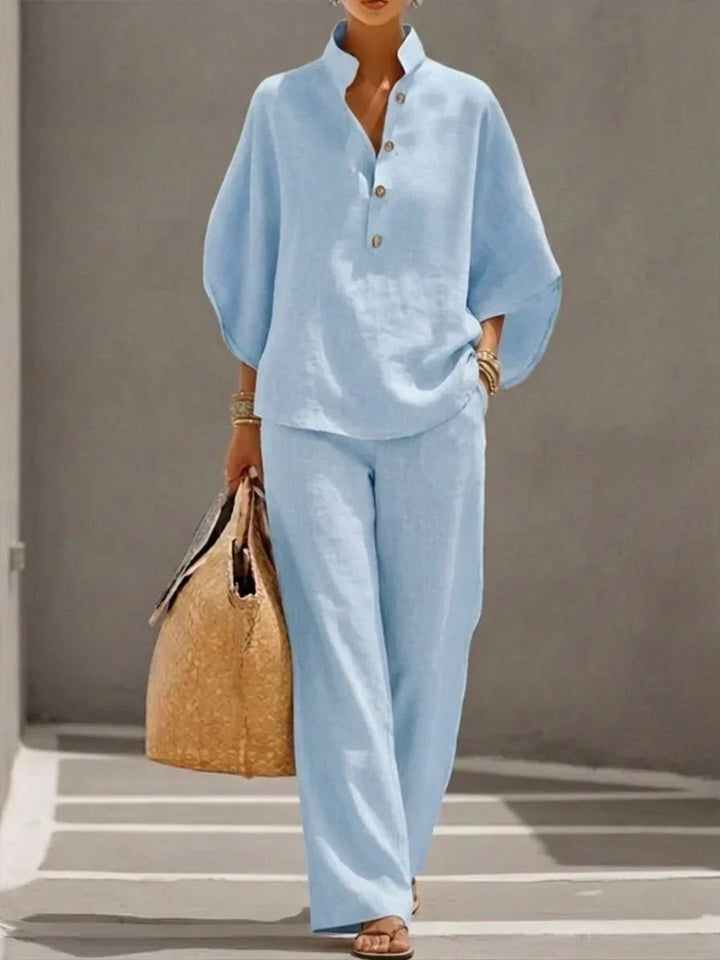 Sophie | Ensemble effet lin avec manches chauve-souris et pantalon large