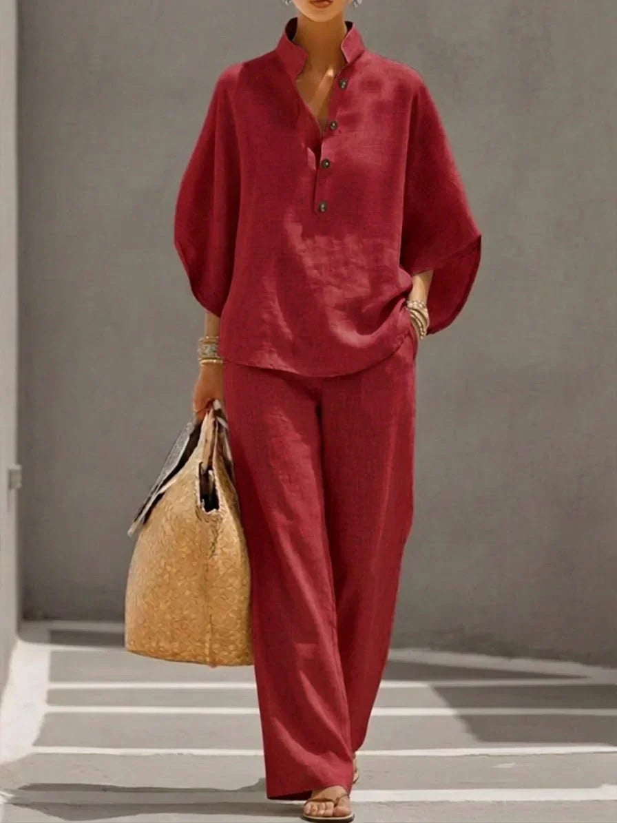 Sophie | Ensemble effet lin avec manches chauve-souris et pantalon large