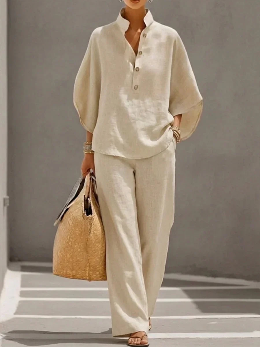 Sophie | Ensemble effet lin avec manches chauve-souris et pantalon large