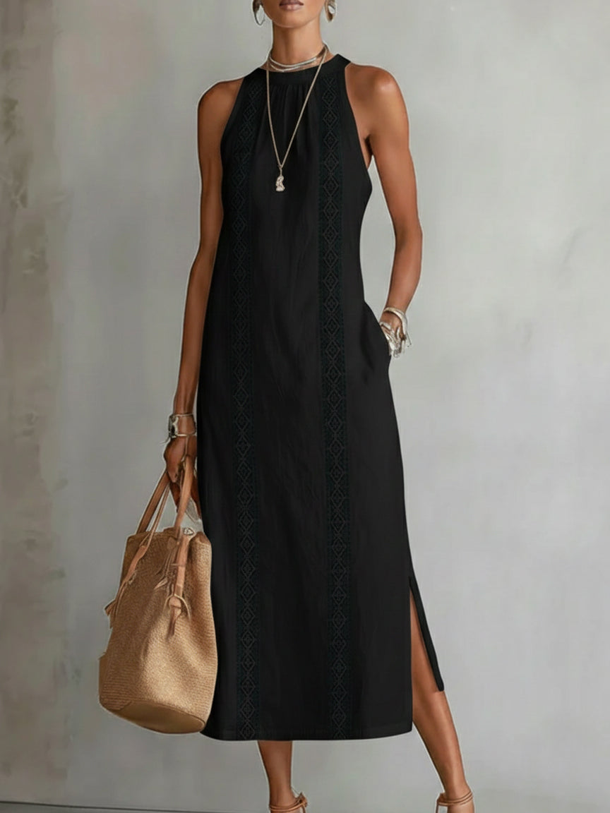 Alix | Robe midi décontractée brodée à col mao