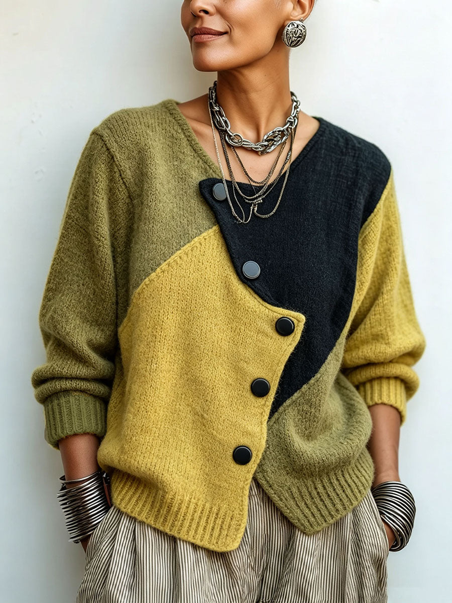 Freya | Cardigan asymétrique en maille à boutons et à blocs de couleur