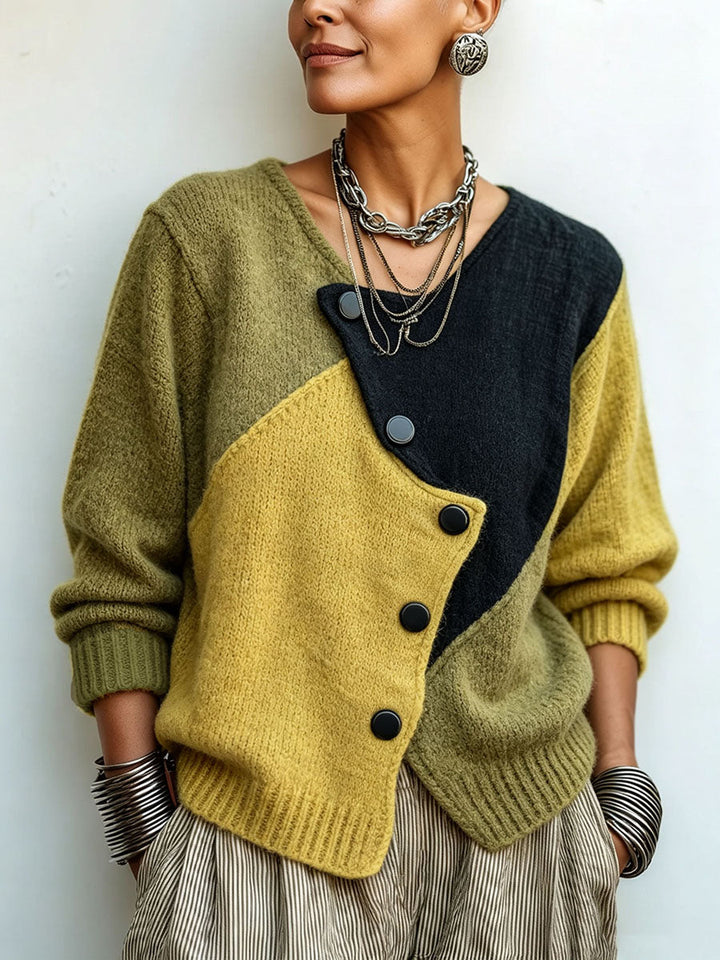 Freya | Cardigan asymétrique en maille à boutons et à blocs de couleur