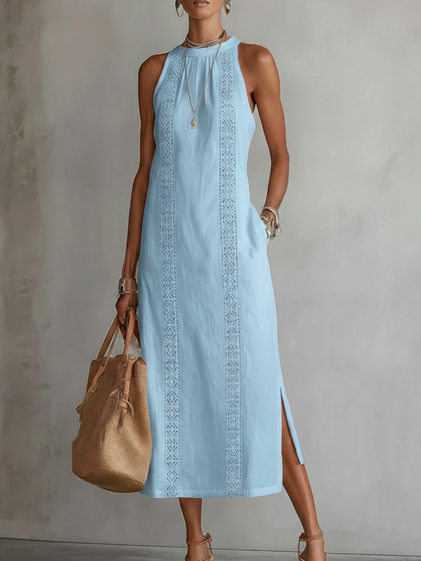 Alix | Robe midi décontractée brodée à col mao