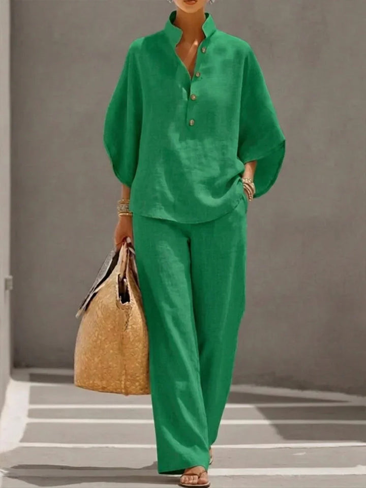 Sophie | Ensemble effet lin avec manches chauve-souris et pantalon large